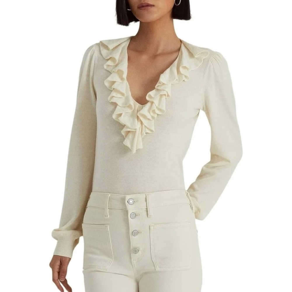 Lauren Ralph Lauren Cream Ruffle V-Neck Long Sleeve Sweater Blouse